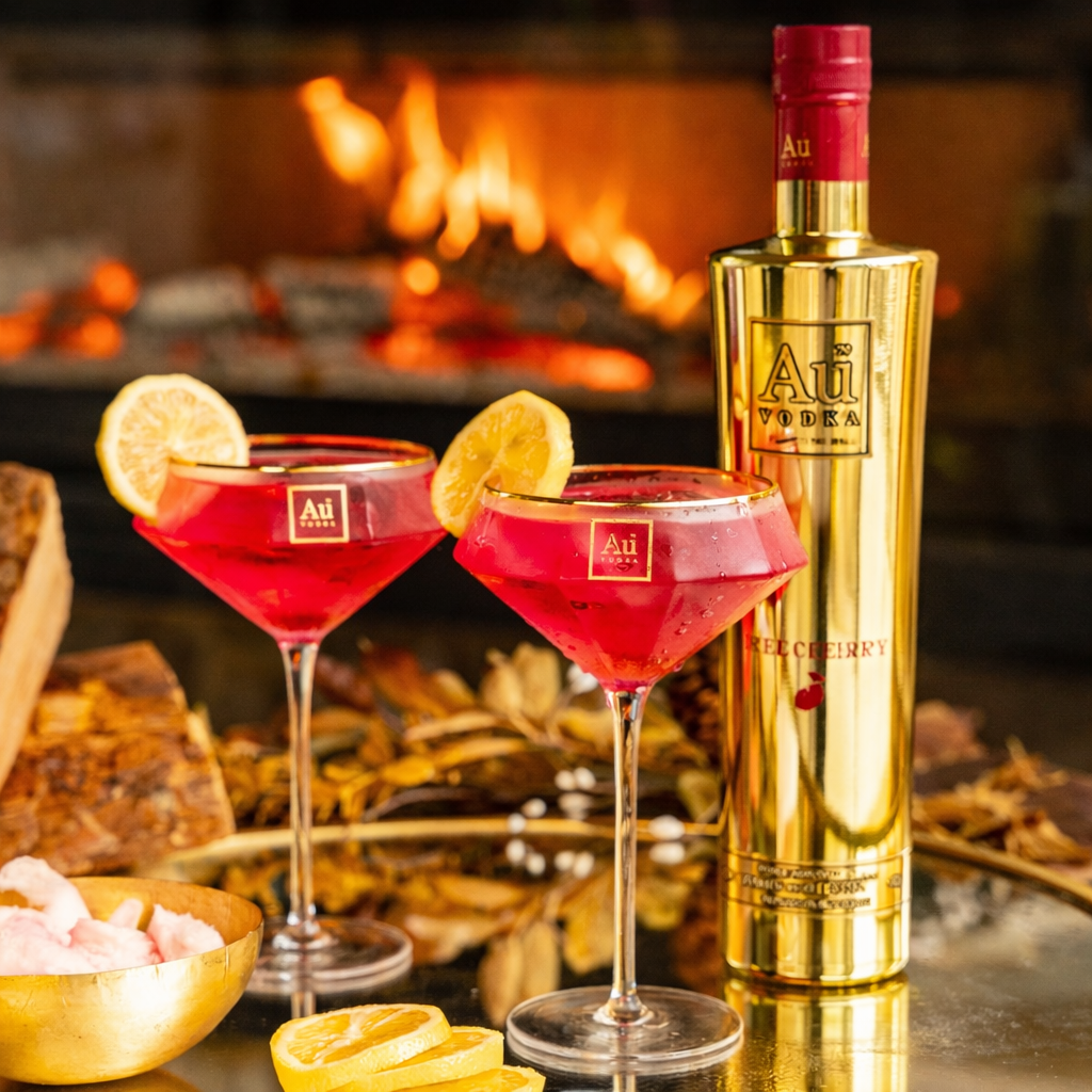 Au Vodka Red Cherry 70cl & 2x Diamond Martini Glasses